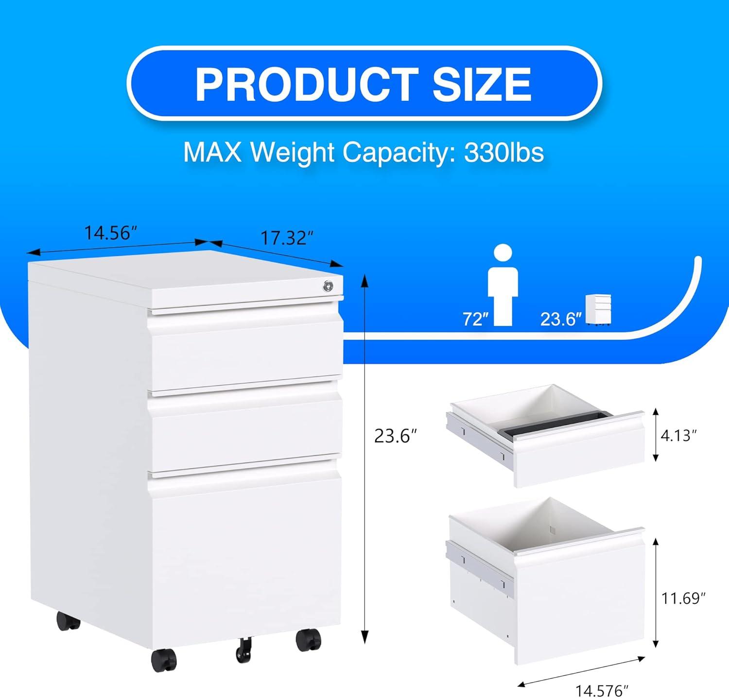 U-SHARE Mobile File Cabinet, 3 Drawer Locking Filing Cabinet, Under Desk Office Metal Storage Cabinet on Wheels for Legal/Letter/A4 File (Fully Assembled Cabinet,White)