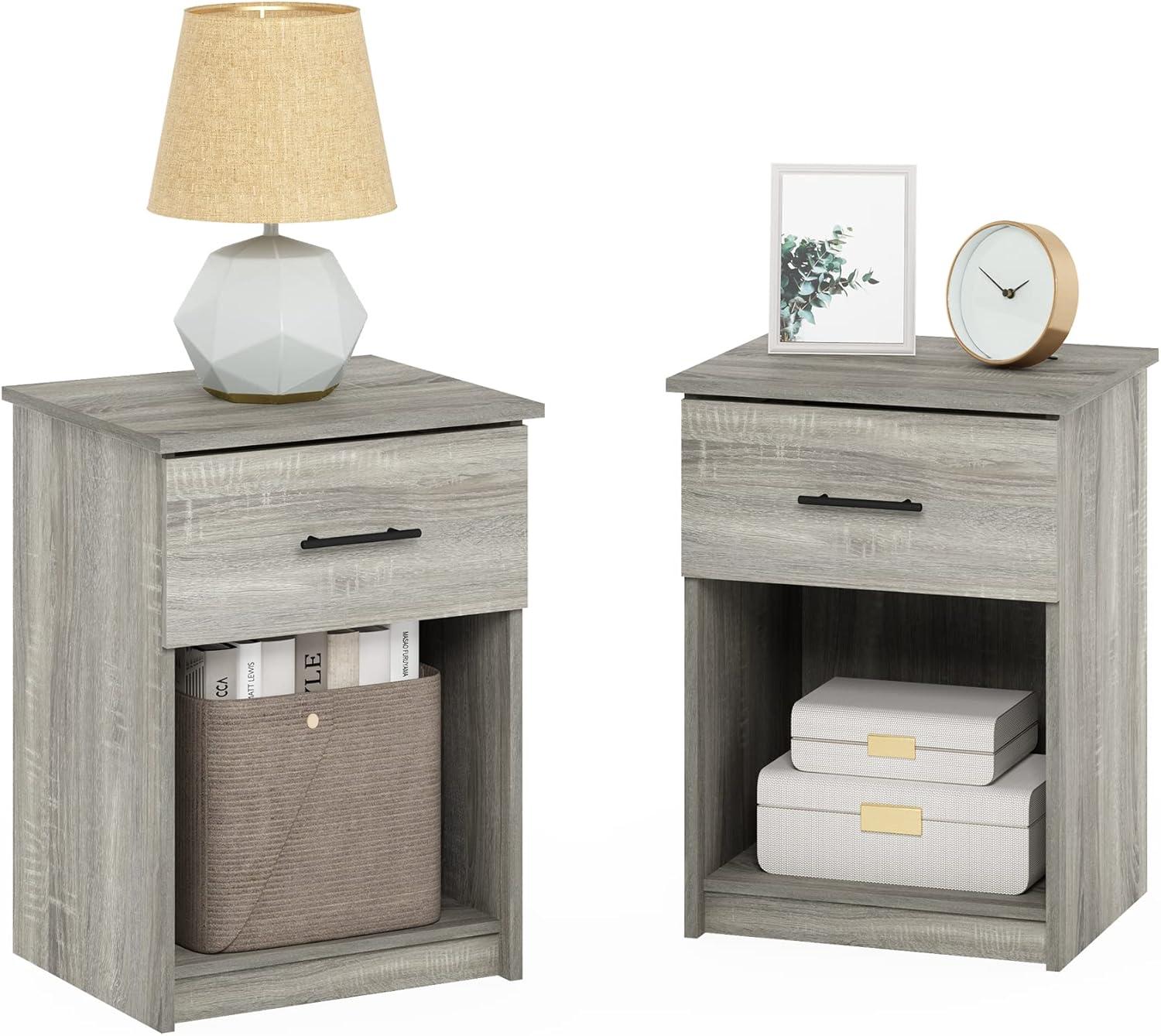 Furinno 2PCS Mid-Century Nightstand Multipurpose End Table Accent Side Table W/Drawer & Open Storage Cube for Bedroom,Living Room,French Oak Grey