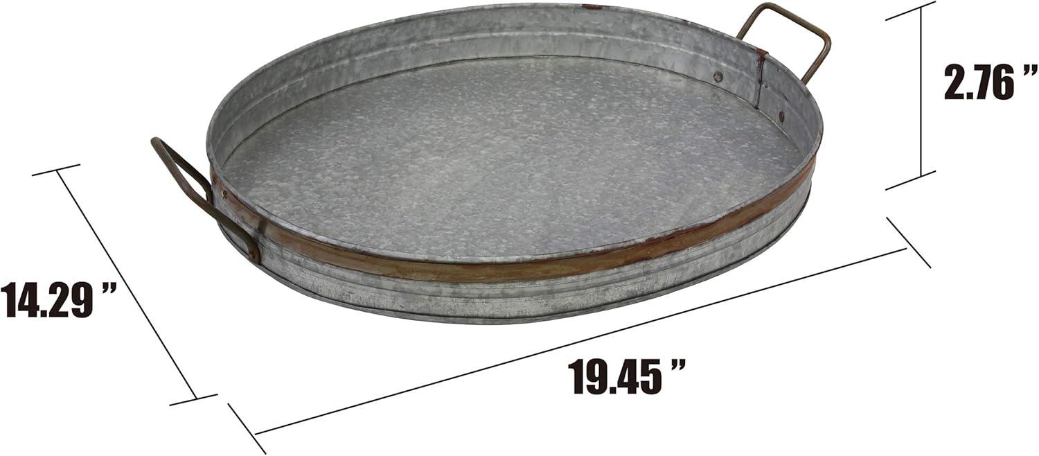 Large Oval Galvanized Metal Tray with Rust Trim and Handles