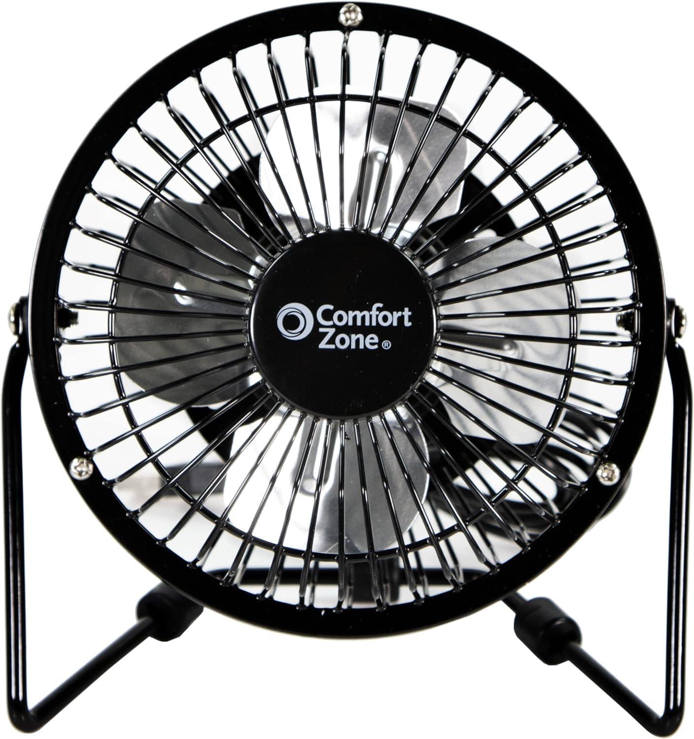 Comfort Zone 4" Mini Portable Desk Fan with 360-Degree Adjustable Tilt, Dual Powered (USB or Power Cord), All-Metal Construction, Airflow 3.31 ft/sec, Ideal for Home, Bedroom & Office, CZHV4BK