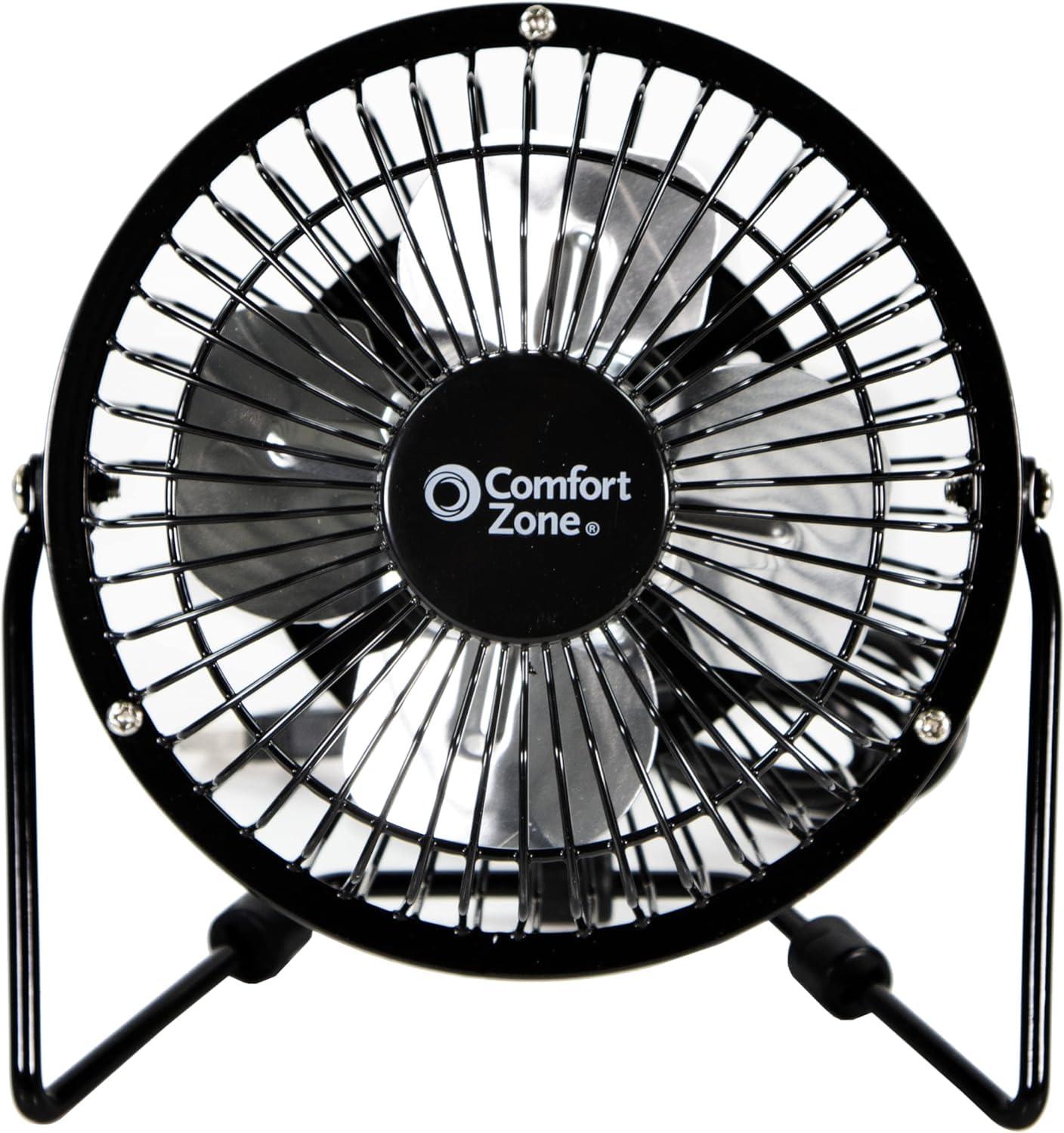 Comfort Zone 4" Metal Portable Desk Fan, Dual Powered (USB or Power Cord)