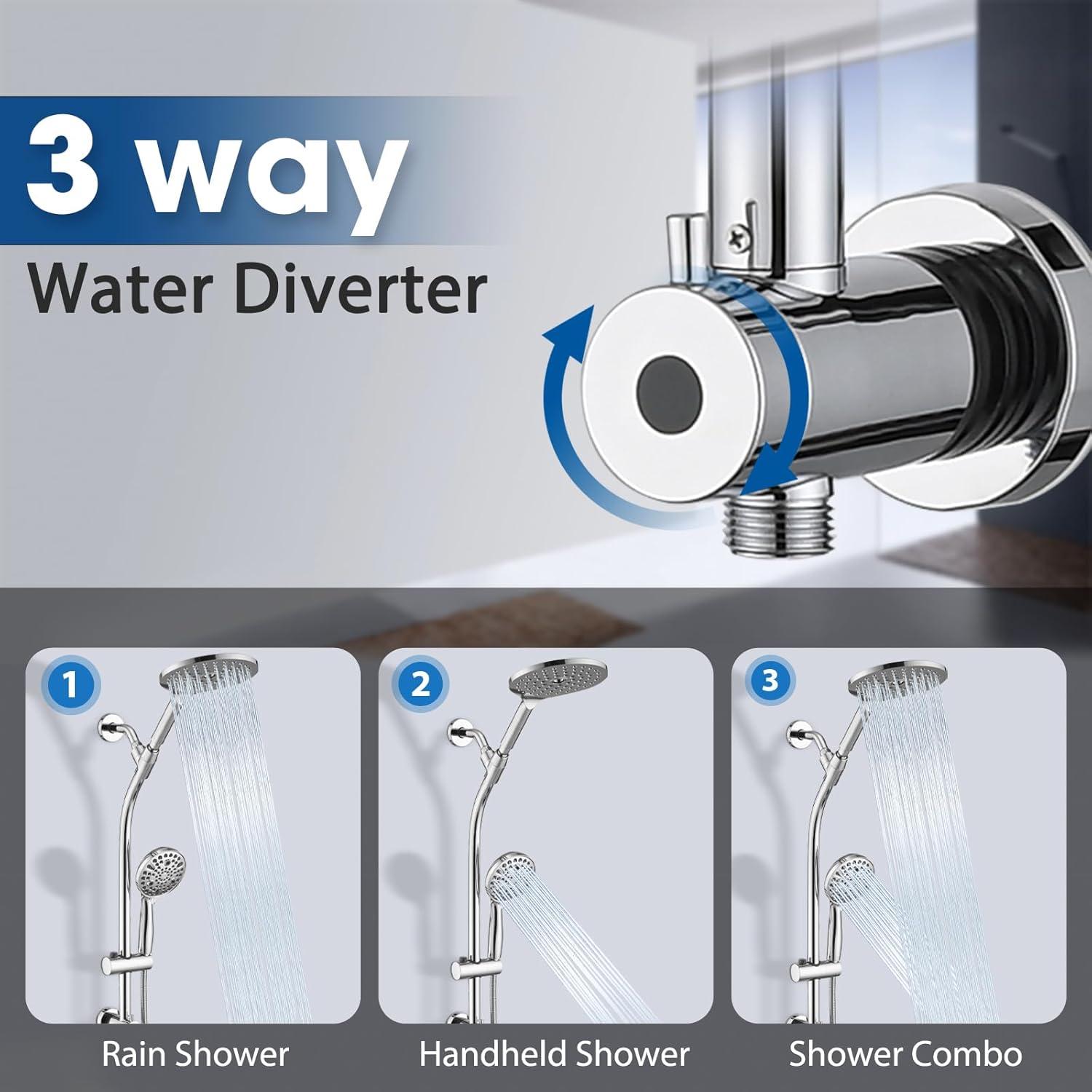 Rainfall Shower Head with Handheld Shower Spray, with 26" Drill Free Adjustable Height Slider Bar, High Pressure Dual Shower Head Combo, 3-Way Diverter for Easy Reach, 5Ft Hose - Chrome Finish