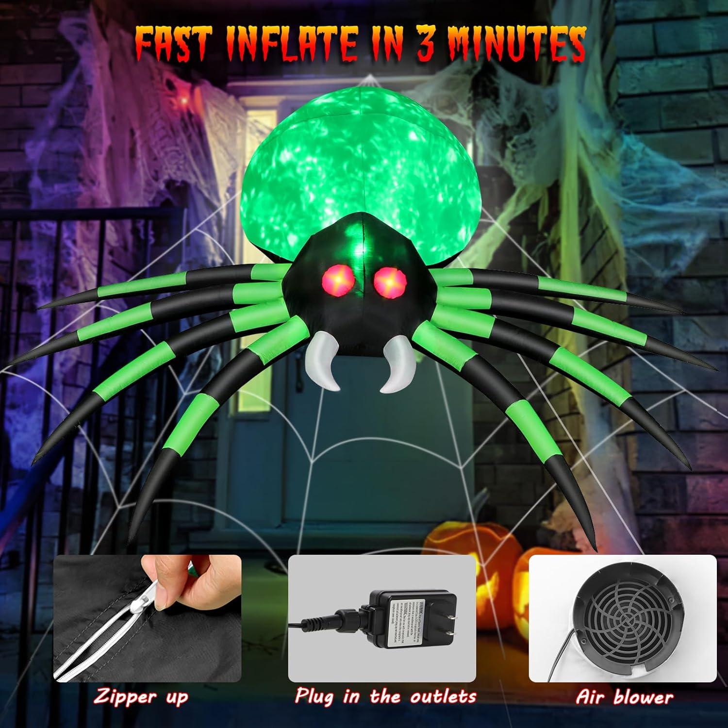 12FT Green and Black Inflatable Halloween Spider with LED Lights