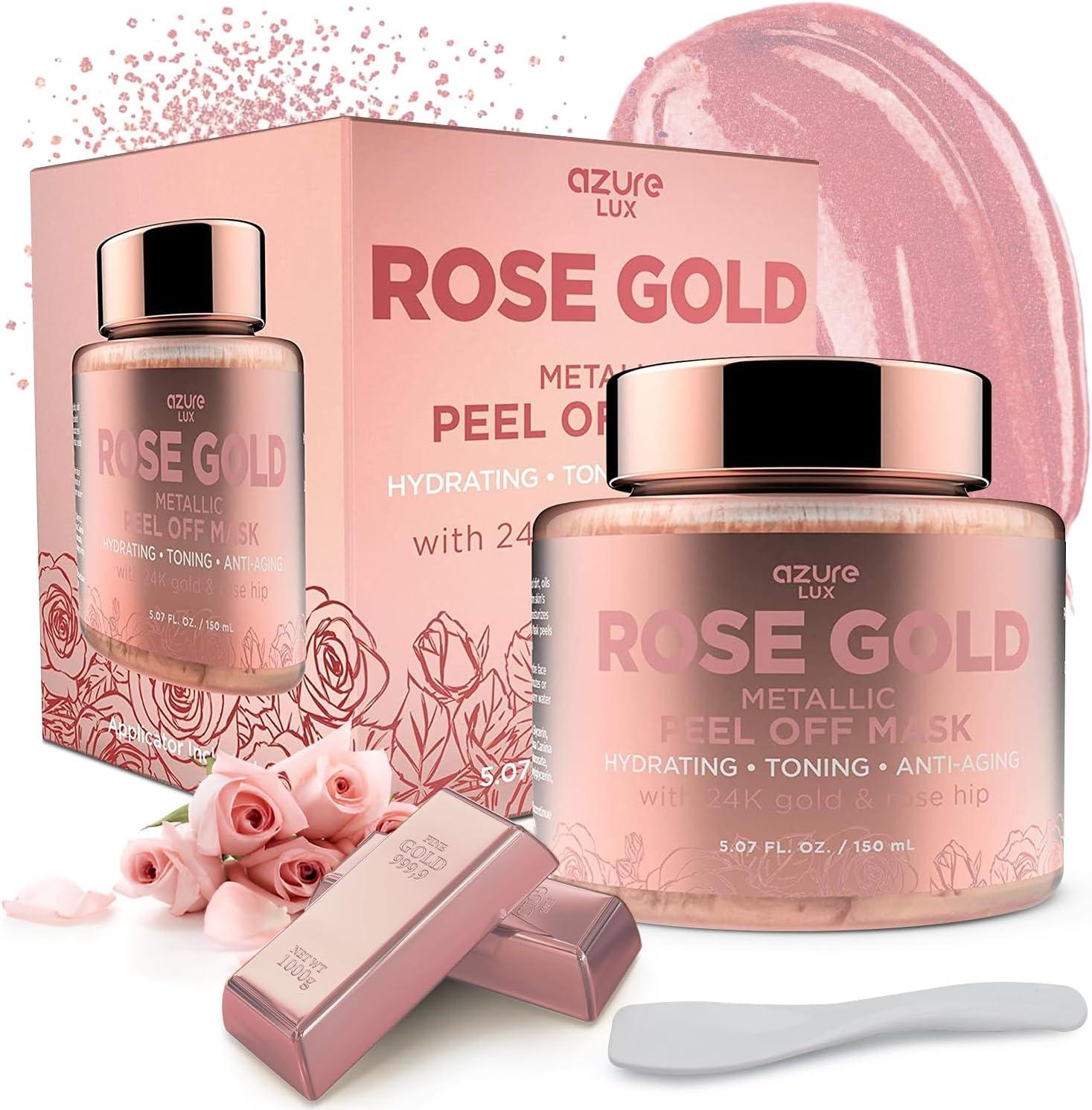 AZURE Rose Gold Metallic Sparkling Peel Off Moisturizing Face Mask - Deeply Exfoliates Blackheads & Dirt and Oil | Reduces Wrinkles, Fine Lines & Acne Scars | Repairs Uneven Skin Tone - 150mL