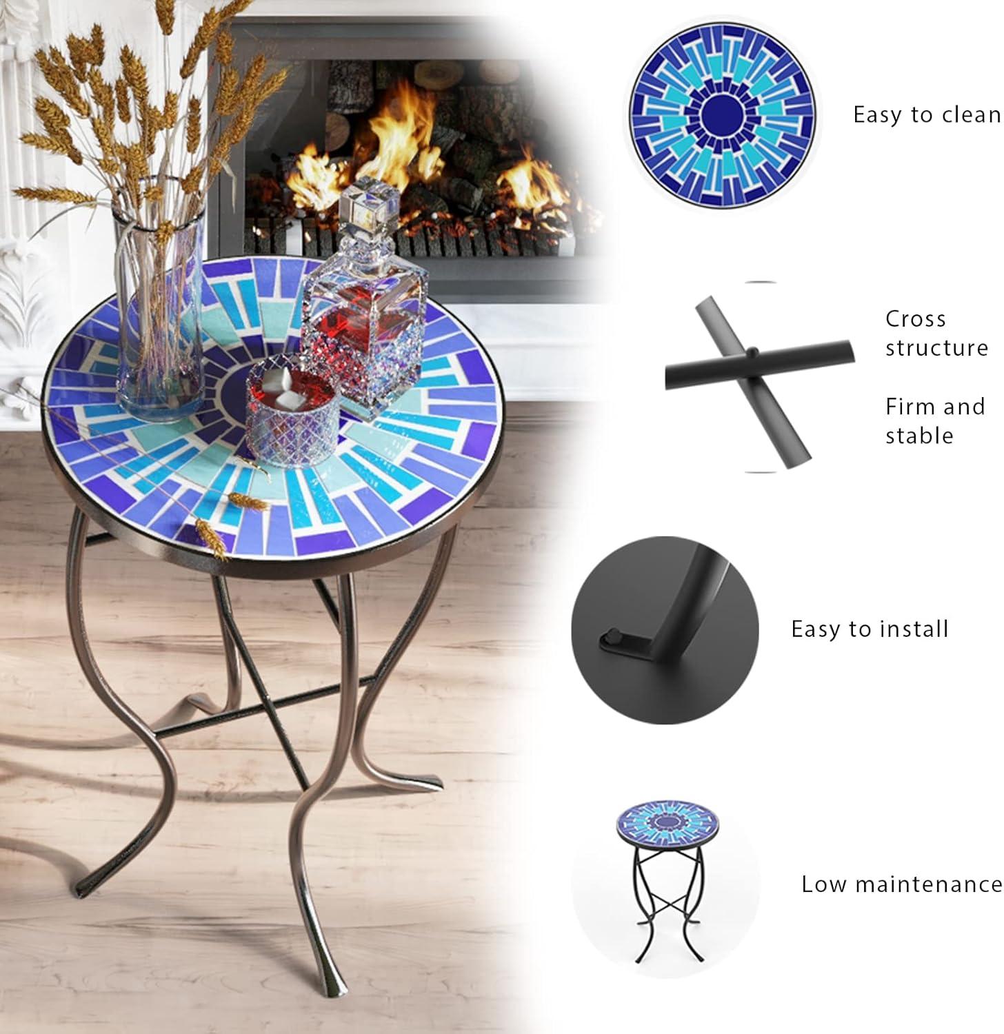 Outdoor Patio Side Table Round Ceramic Tile End Table Blue