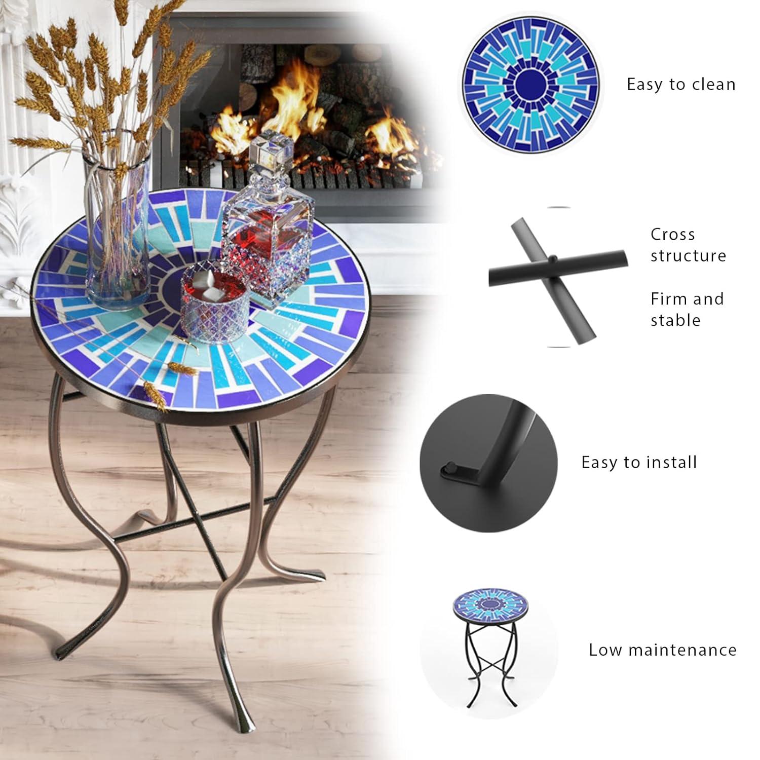 Outdoor Patio Side Table Round Ceramic Tile End Table Blue