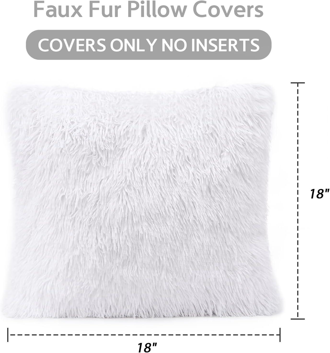 Fluffy White Faux Fur Pillow Covers   Set of 2, Cozy and Soft, 18x18 Inch, Invisible Zipper