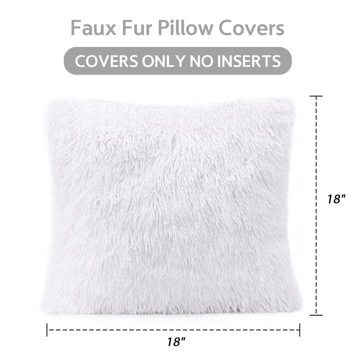 Fluffy White Faux Fur Pillow Covers   Set of 2, Cozy and Soft, 18x18 Inch, Invisible Zipper