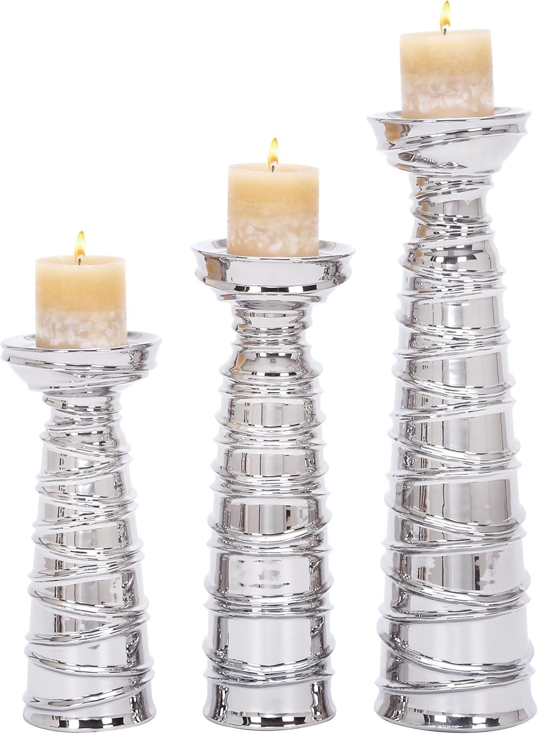 Mercer41 Ceramic Abstract Wrapped Decorative Silver Candle Holder Set