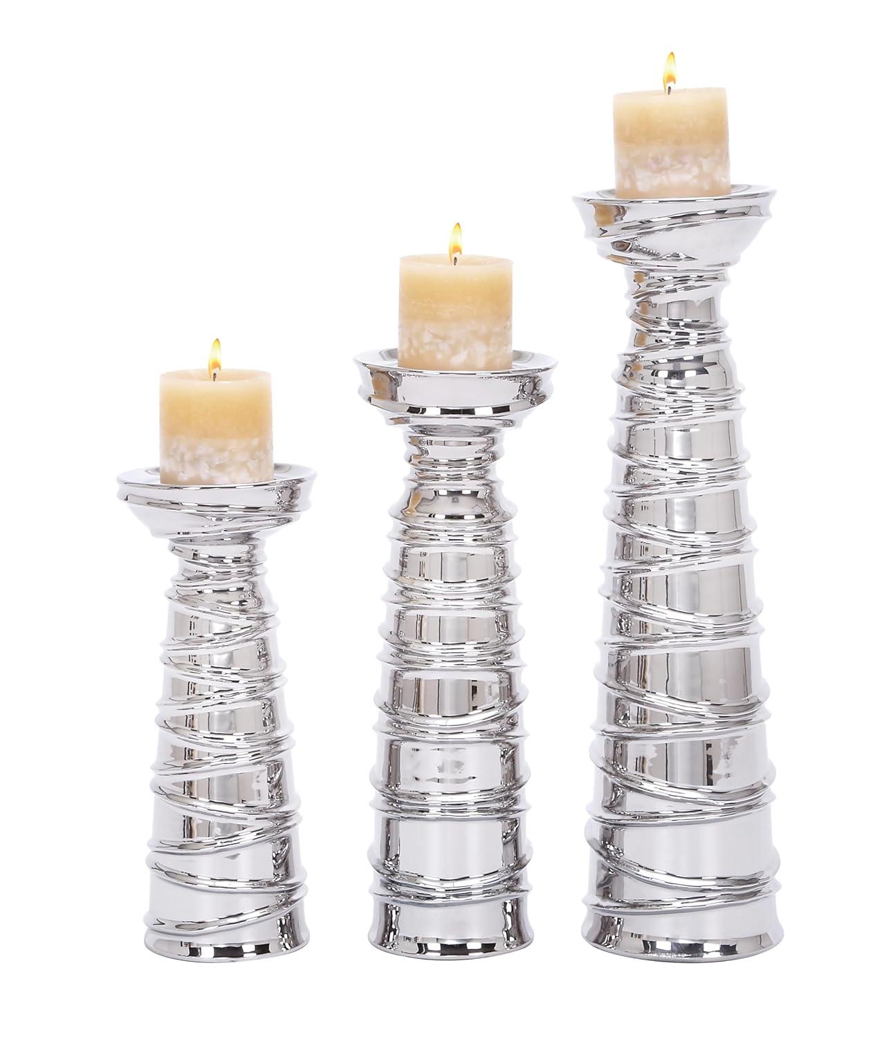 Mercer41 Ceramic Abstract Wrapped Decorative Silver Candle Holder Set