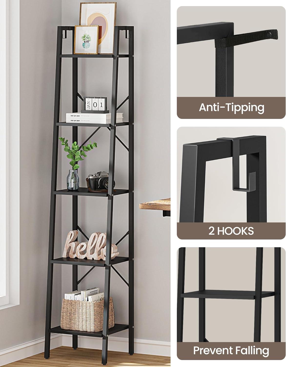 Black Industrial 5-Tier Ladder Corner Bookshelf with Hooks