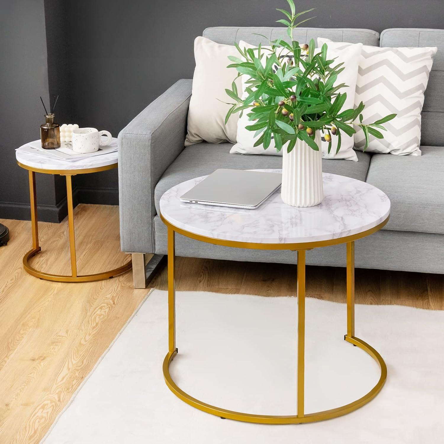 Costway Nesting Coffee Table Set of 2 for Balcony Living Room Modern Round Side Tables Rustic Brown