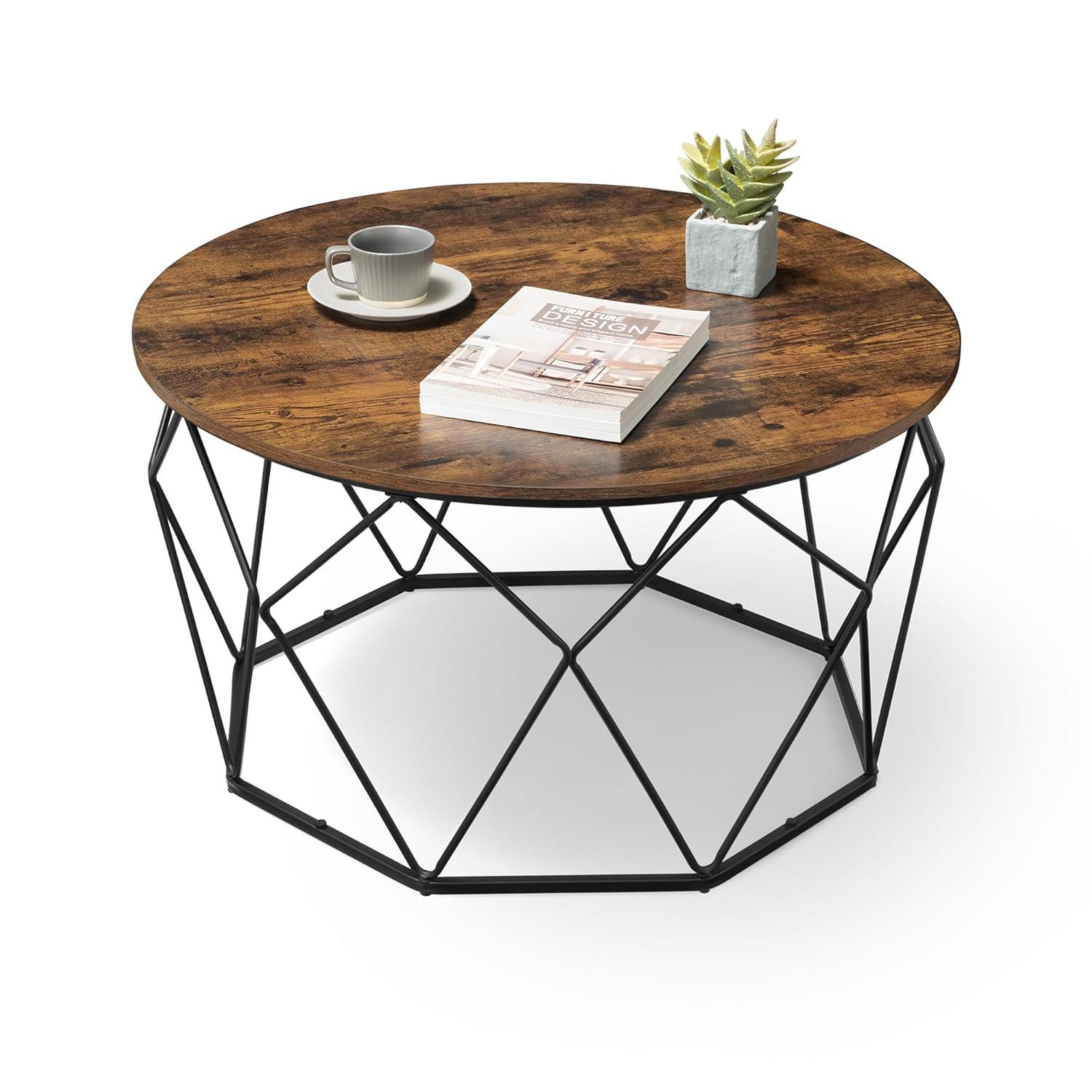 VASAGLE Round Coffee Table for Living Room, Cage Cocktail Table with Steel Frame, 31.5 Inches Dia., Industrial Style, Rustic Brown and Black ULCT040B01