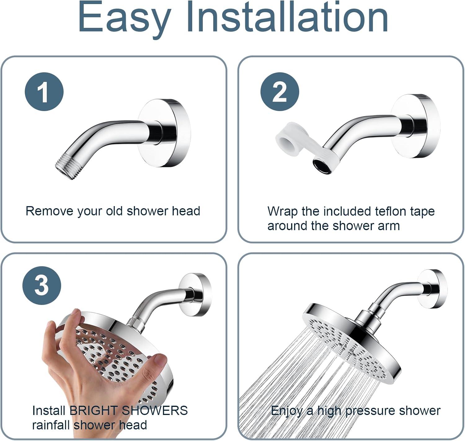 BRIGHT SHOWERS High Pressure Shower Head, 6 Inch Rain Shower Head, 2 Spray Settings Rainfall Shower Heads, Adjustable Angle Replacement Bathroom Showerhead, Easy Installation Polished Chrome