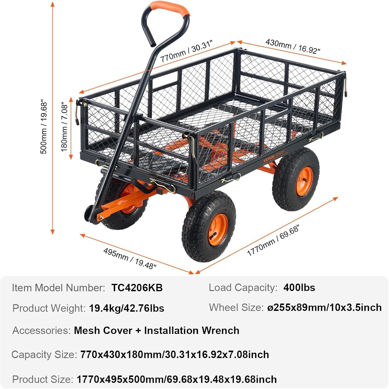 Heavy Duty Black and Orange Steel Garden Dump Cart with Adjustable Handle