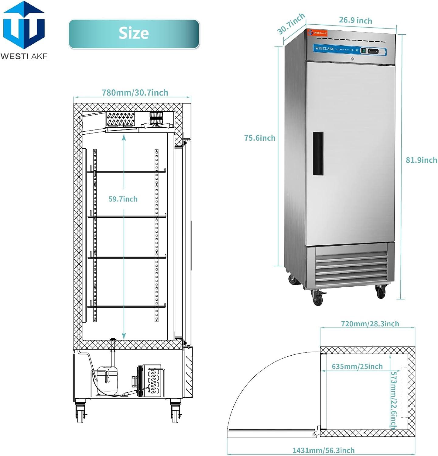 WESTLAKE 27" W Commercial Refrigerator Stainless Steel Reach in Solid Single Door Upright Fan Cooling 23 Cu.ft Cooler for Restuarant, Bar, Shop, etc