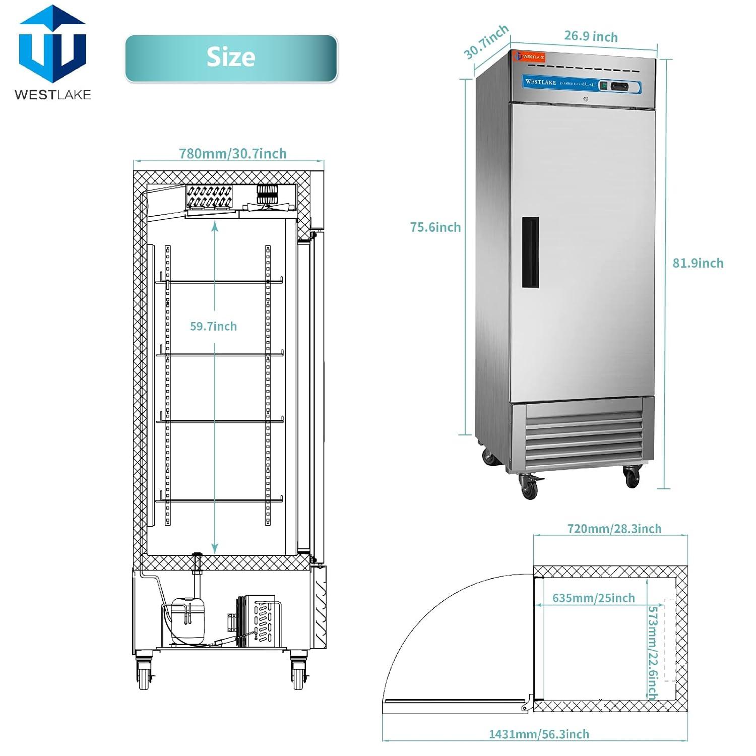 WESTLAKE 27" W Commercial Refrigerator Stainless Steel Reach in Solid Single Door Upright Fan Cooling 23 Cu.ft Cooler for Restuarant, Bar, Shop, etc