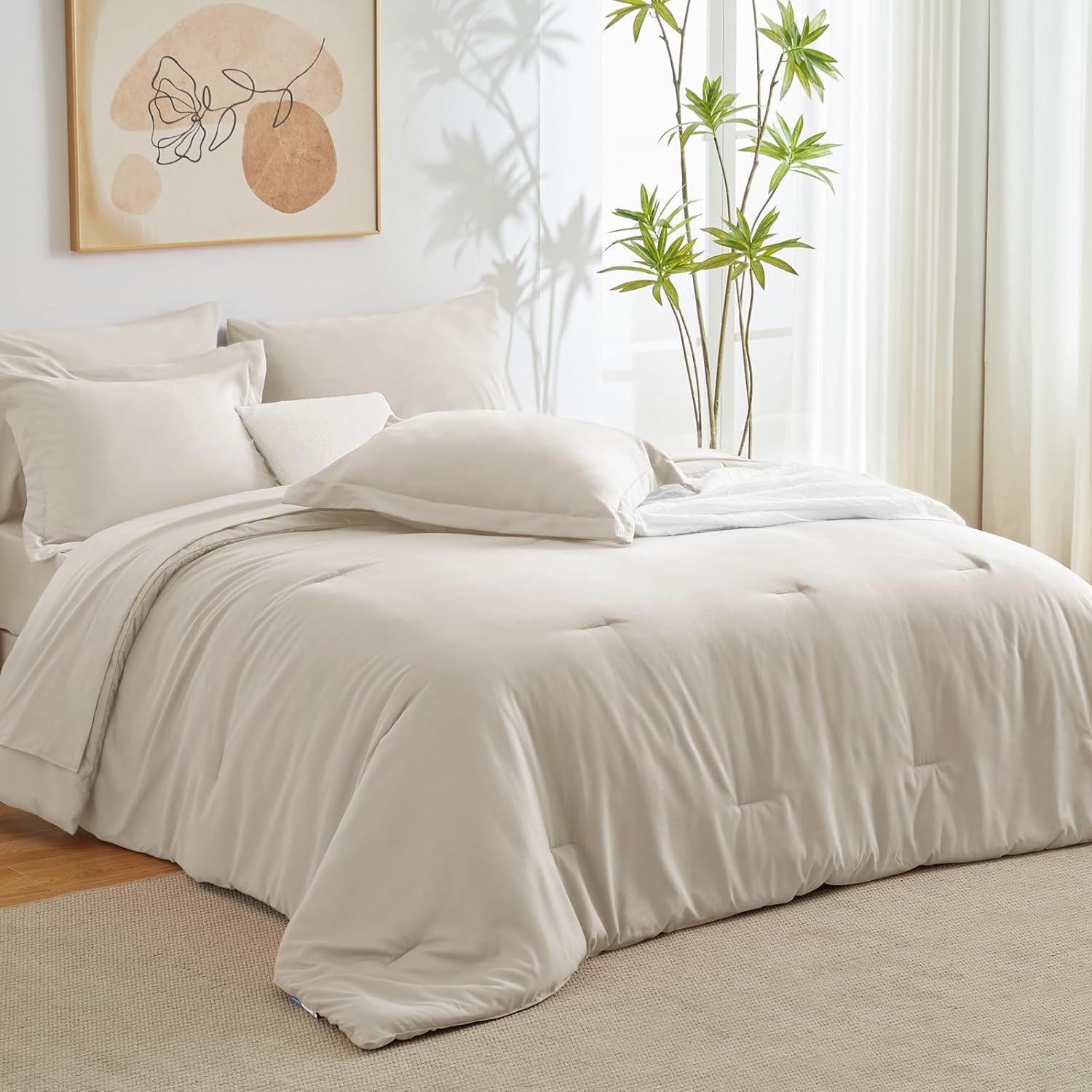 CozyLux Queen Comforter Set Beige, 7 Pieces Bed in a Bag Soft Bedding Comforter Set with Sheets, All Season Boho 7PC Bed Sets with Comforter, Fitted Sheets, Flat Sheets, Pillow Shams and Pillowcases