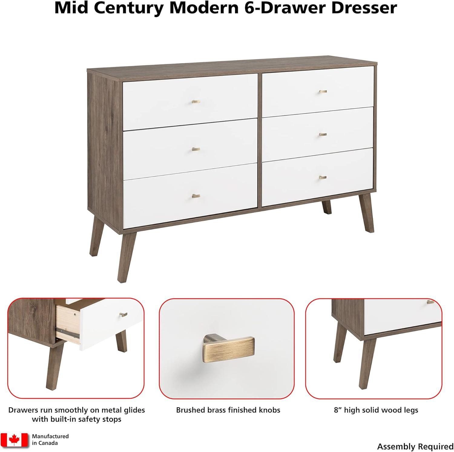 Milo Mid-Century Modern 6 Drawers Dresser Drifted Gray/White - Prepac