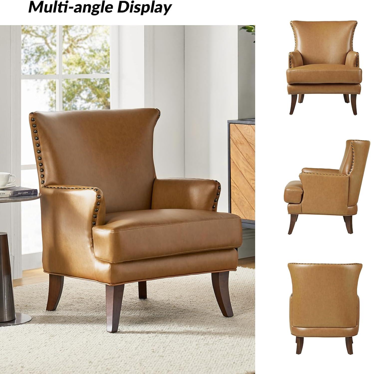 Camel Faux Leather Wingback Accent Chair with Nailhead Trim