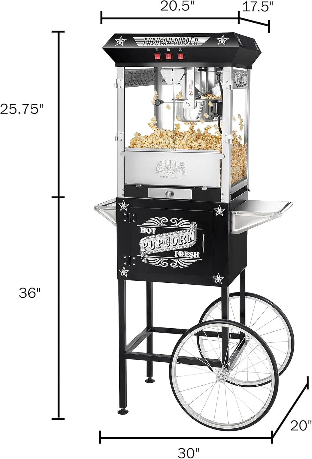 Black Antique-Style Popcorn Machine with Cart and Stainless Steel