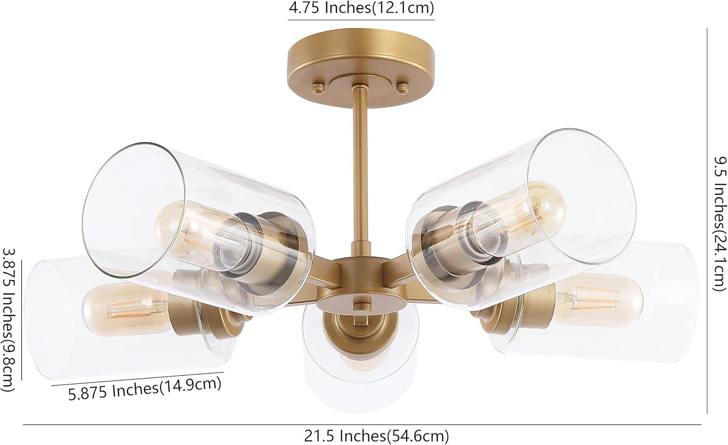 Jaynie 21.5" 5-Light Farmhouse Industrial Iron Cylinder LED Semi Flush Mount, Brass Gold/Clear