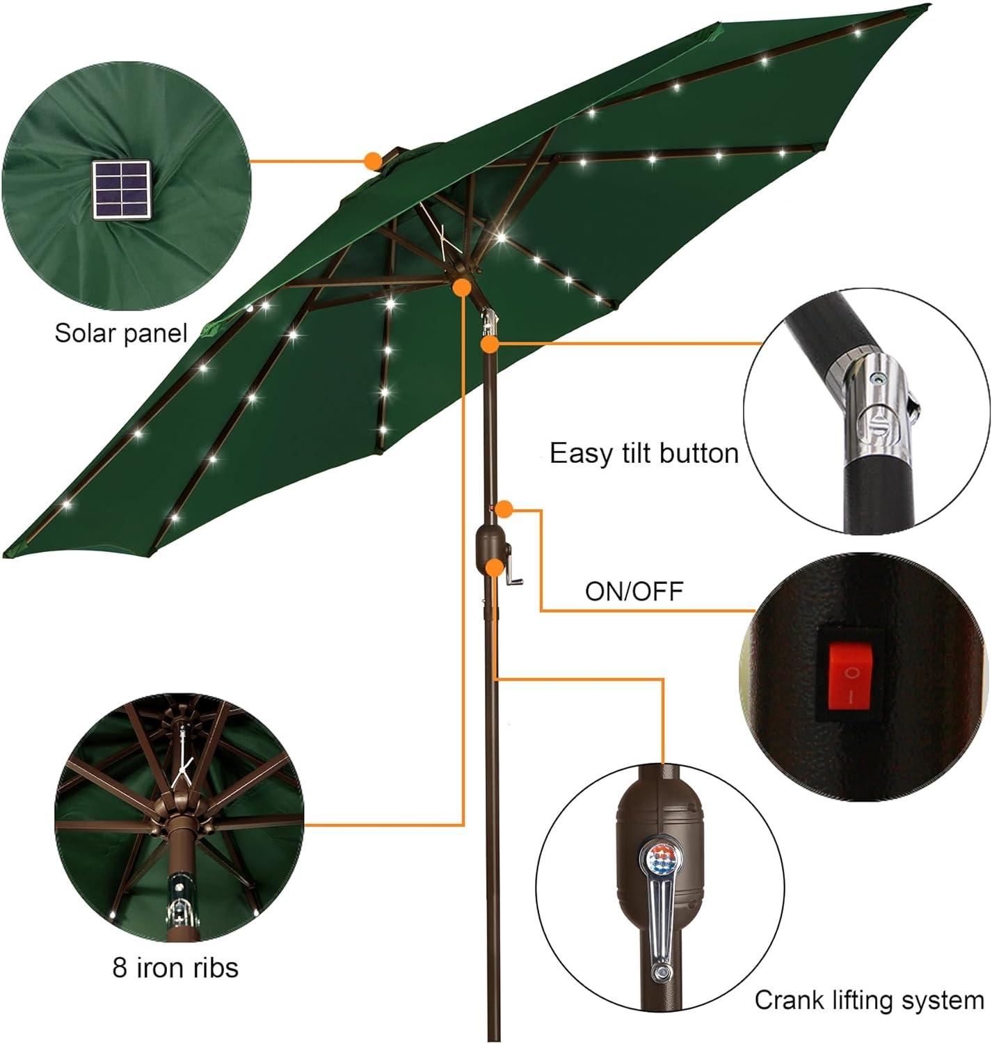 9 ft Dark Green Aluminum Market Umbrella with LED Lights