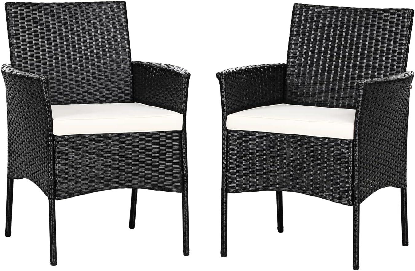 HMTtie Patio Dining Chairs Set of 2, Indoor Outdoor Wicker Armchairs with Cane Back, Soft Cushions, 2 Pack PE Woven Rattan Kitchen & Dining Room Chairs, 360LBS Weight Capacity (2, Black+Beige)