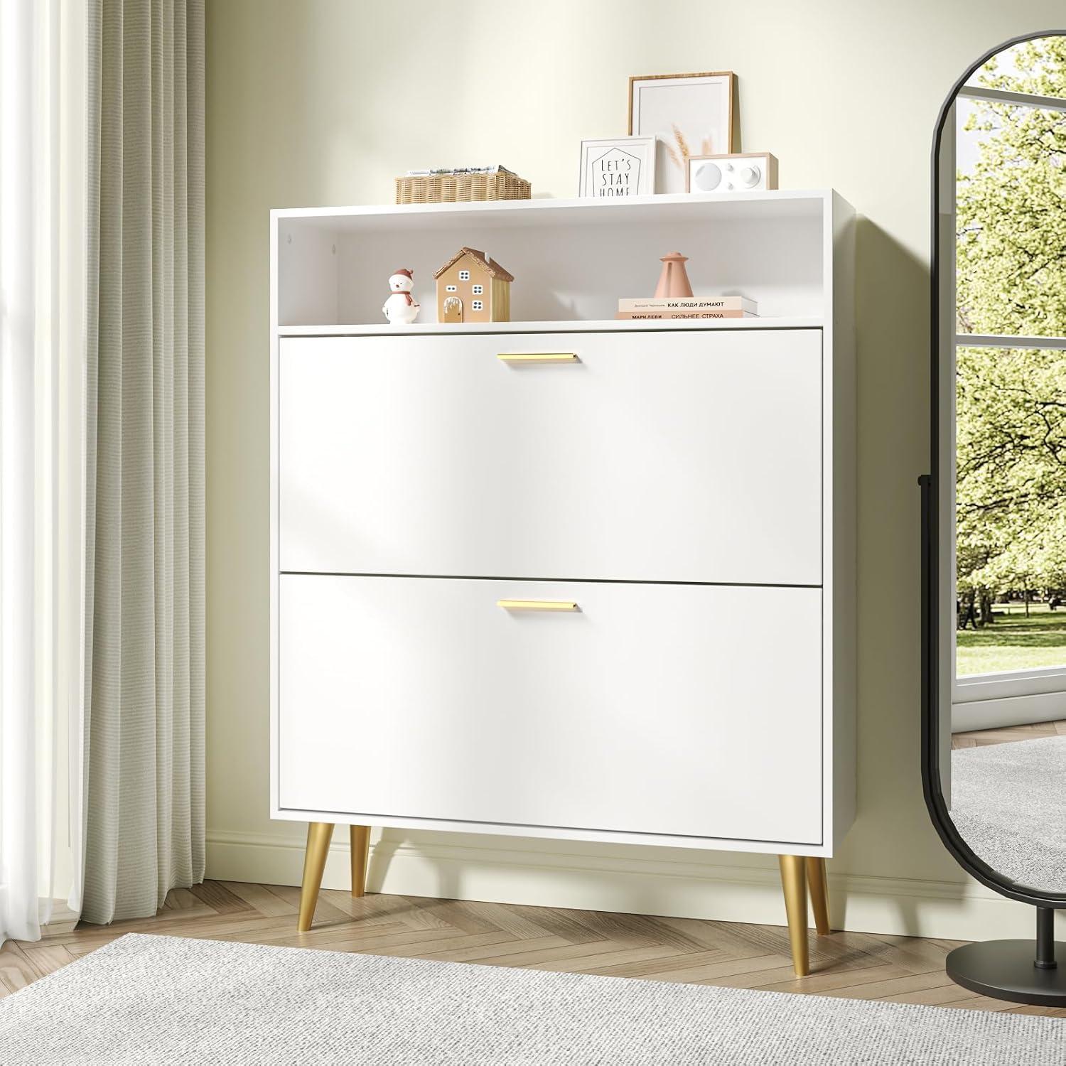 Shoe Cabinet Storage for Entryway  Freestanding Slim Shoe Organizer Cabinet with 2 Flip Drawers  Narrow Shoe Rack with Open Shelves for Hallway  Living Room  White