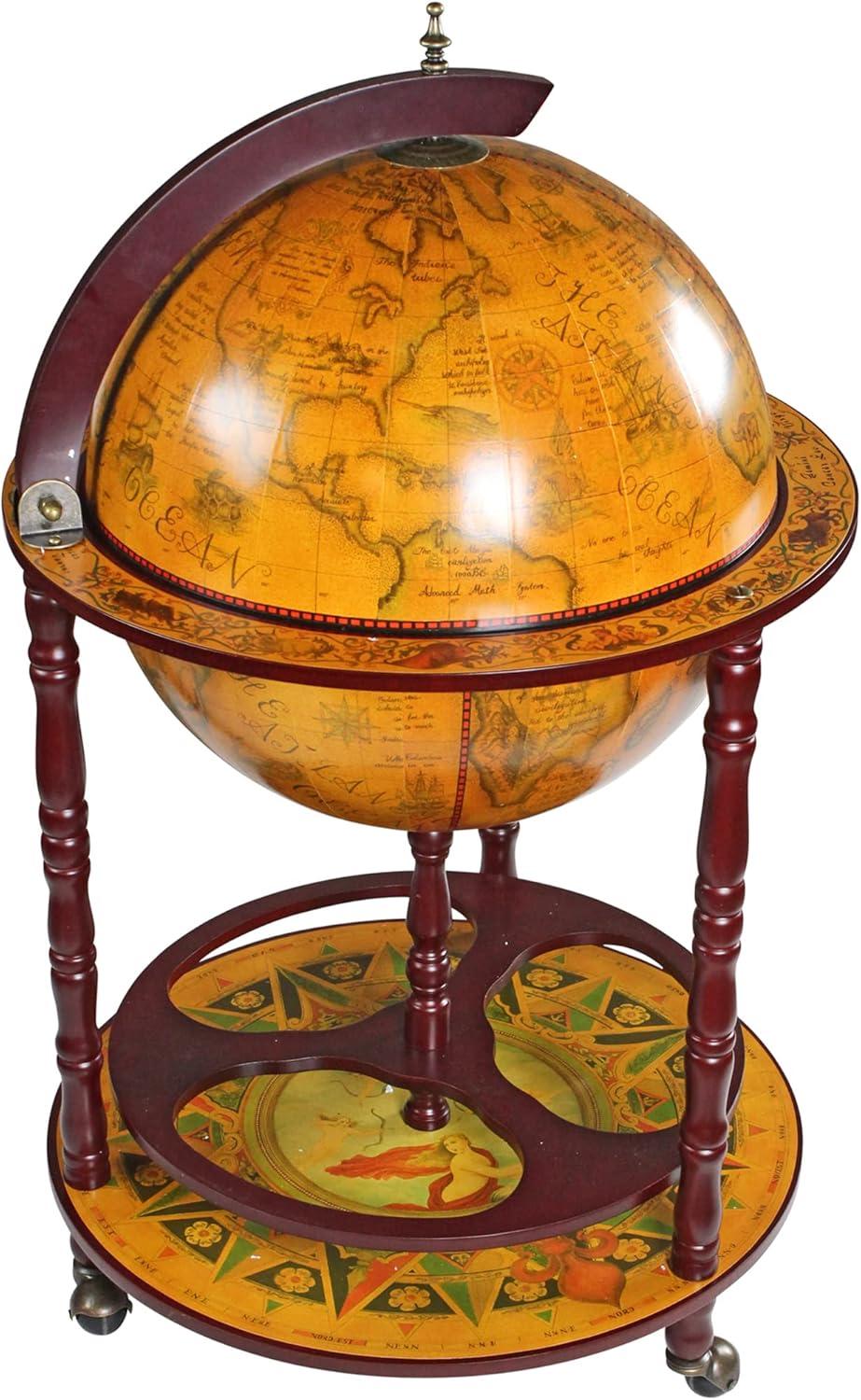 Italian Replica Globe Bar Cart Cabinet with Nautical Maps, Sepia Brown