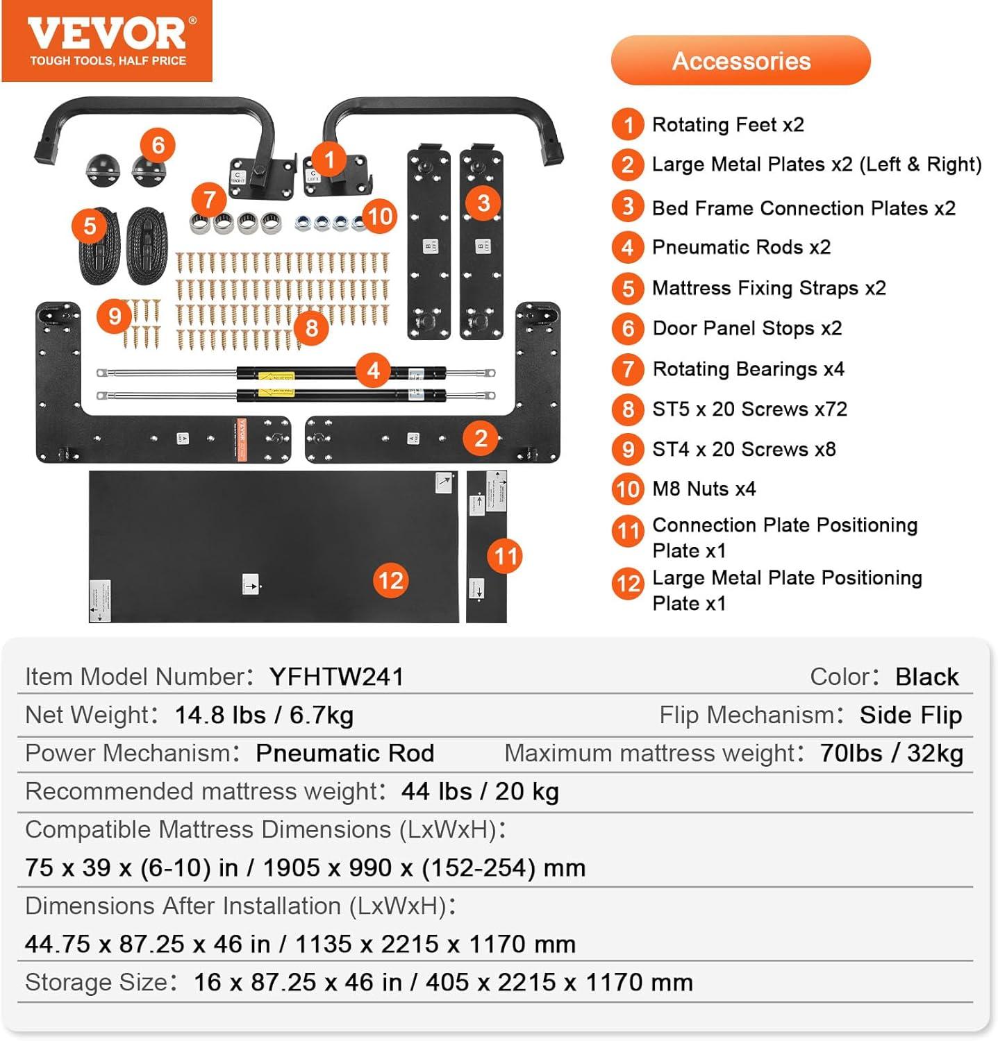 VEVOR Murphy Bed Kit Twin Deluxe DIY Wall Bed Mechanical Hardware Kit Folding