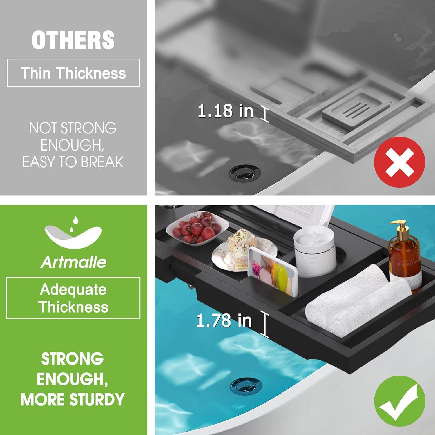 Artmalle Foldable Bathtub Tray for Tub, Bamboo Bathtub Caddy Tray Table with Book Stand for Luxury Bath, Bathroom Accessories for Women Men with Free Soap Dish (Semi-Simple, Natural) (Natural)