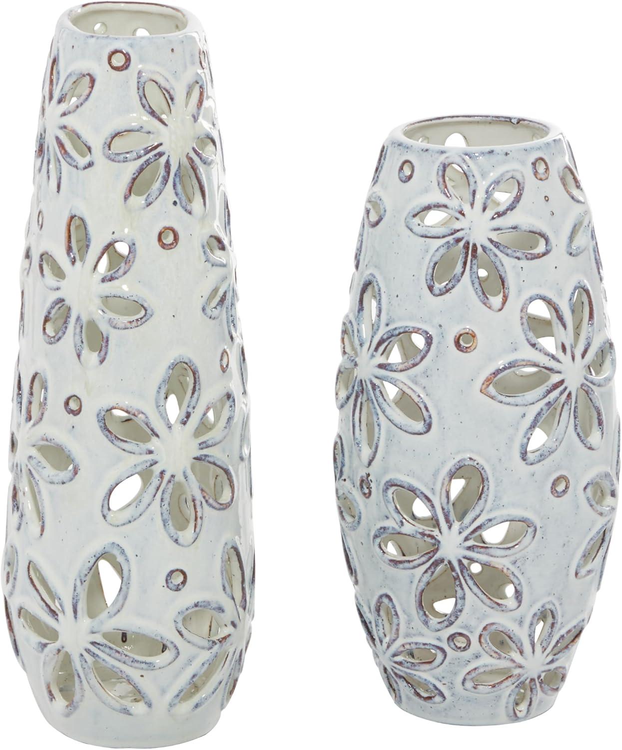 DecMode 14", 11"H Floral Handmade Daisy Cut Out White Ceramic Vase, Set of 2