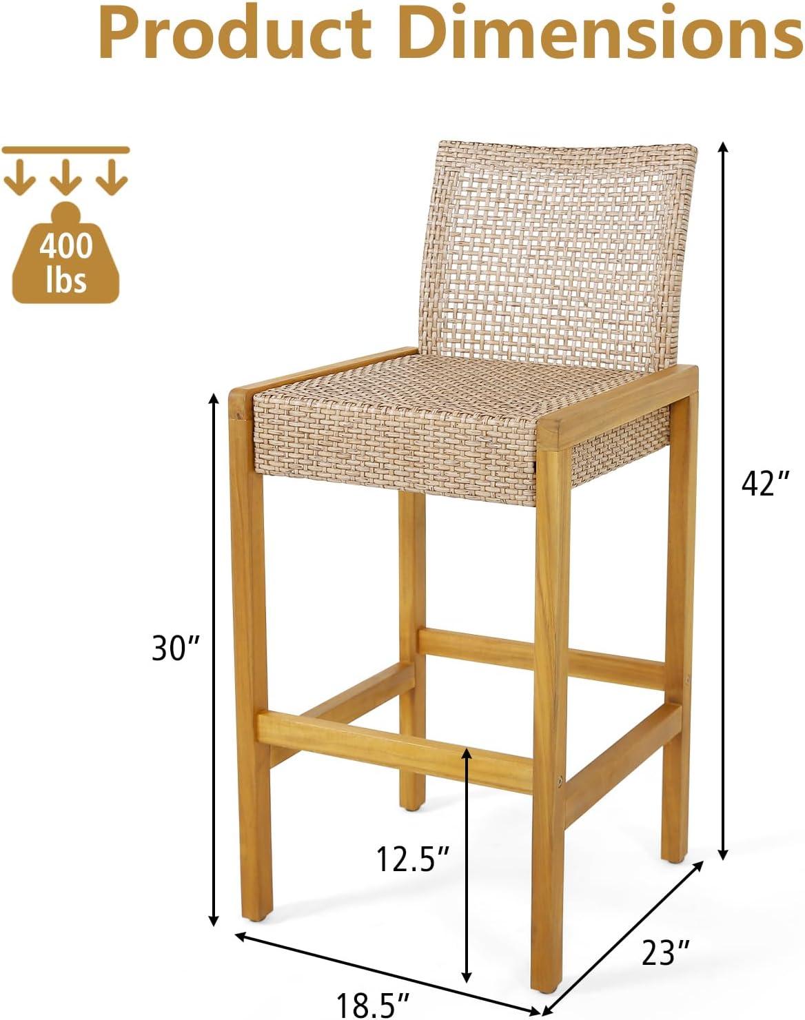 Costway Set of 4 Patio Wood Barstools Rattan Bar Height Chairs with Backrest Porch Balcony