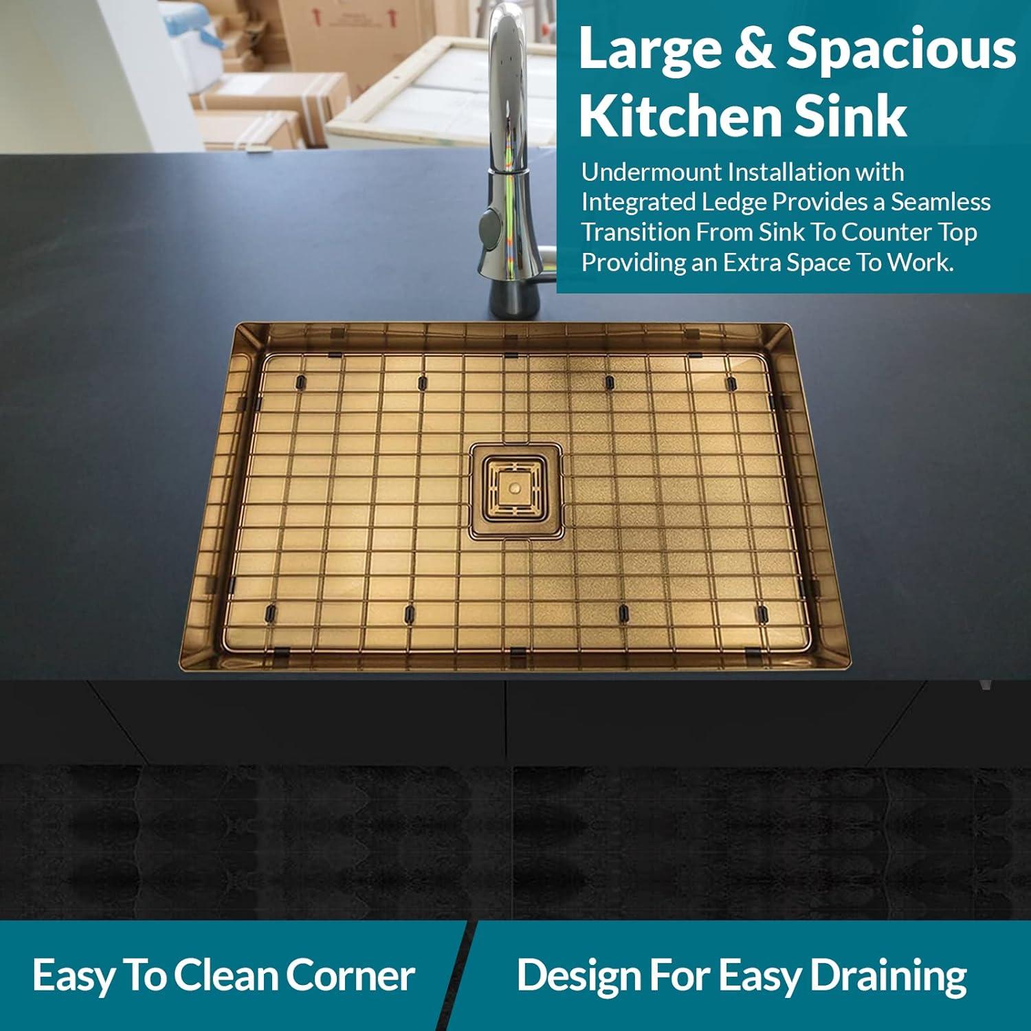 Strictly Sinks 32 Inch Undermount Single Bowl Kitchen Sink – Sink with Bottom Grid & Drain – Gold