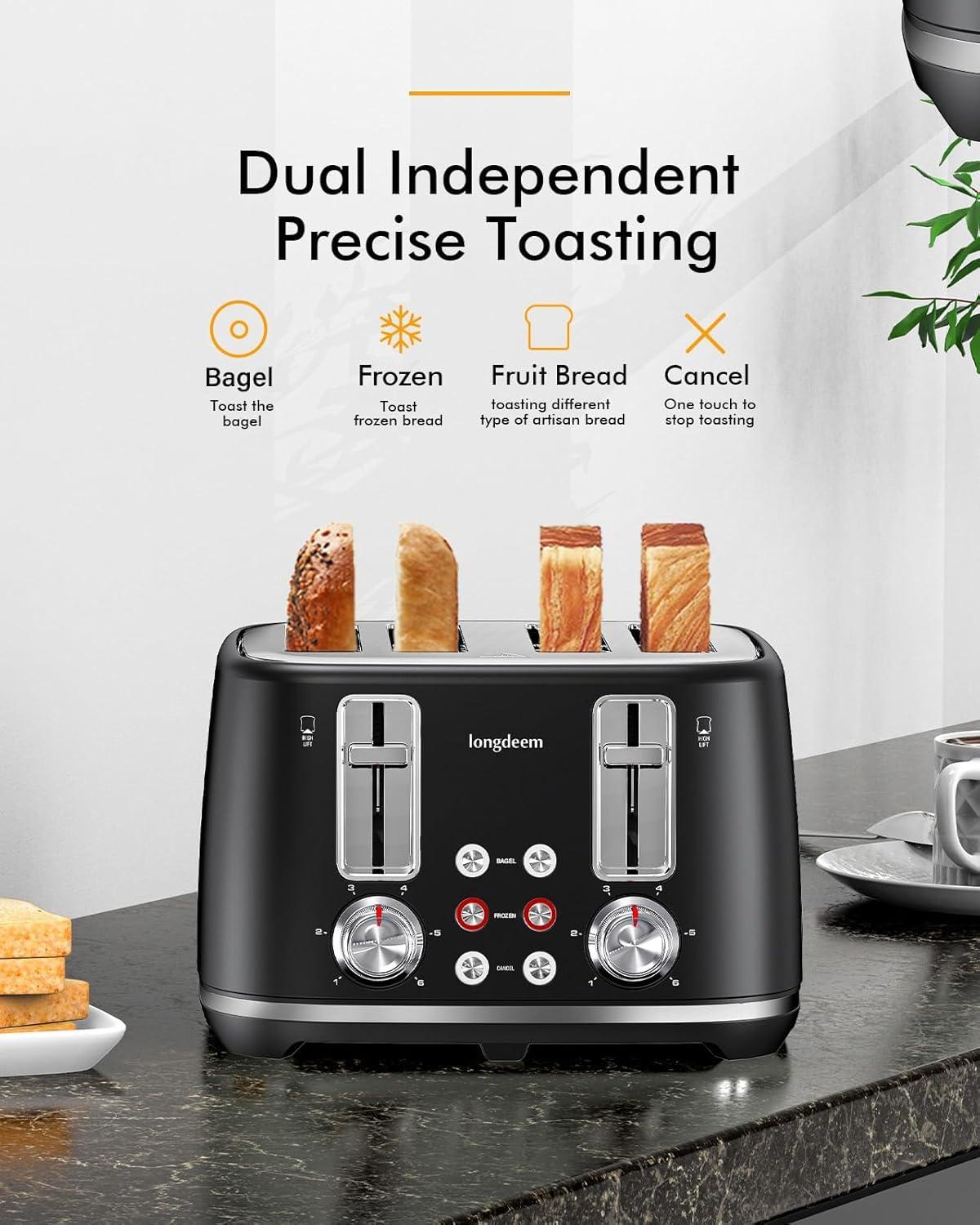 LONGDEEM 4 Slice Toaster, Extra Wide Slots, Longdeem Retro Stainless Steel Toasters, 6 Browning Options, Auto Shut Off & Frozen Function, Toast Fruit Bread, Bagel & Waffle