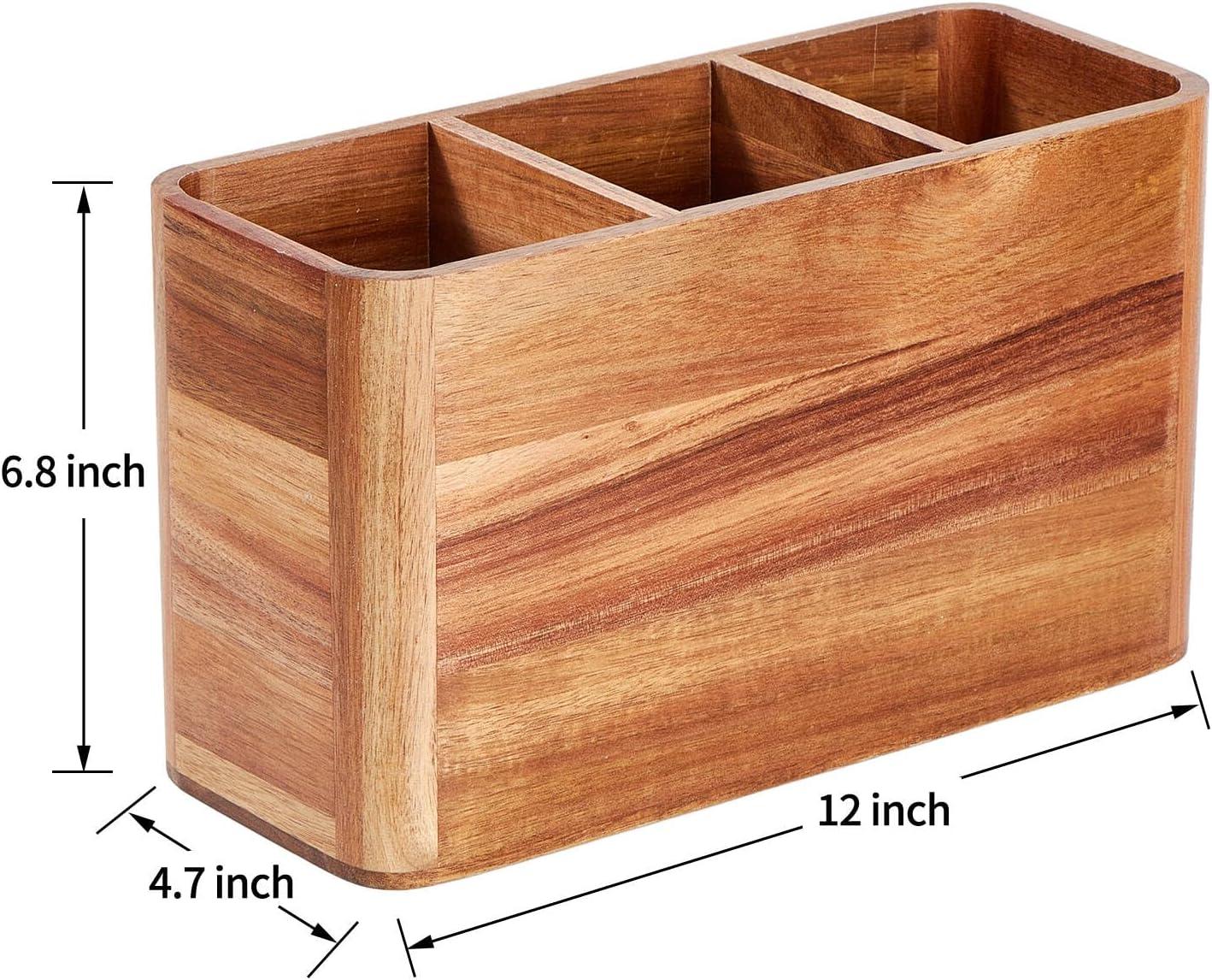 Large Acacia Wood Square Utensil Holder with 3 Compartments