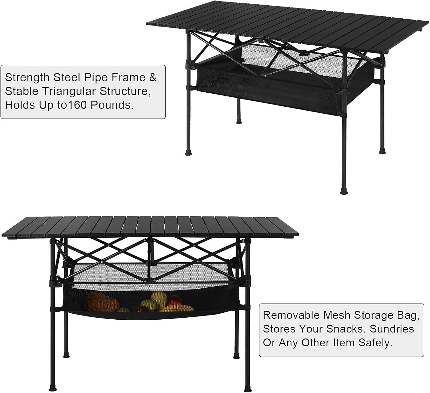 46.5" Black Aluminum Roll-Up Camping Table with Mesh Storage