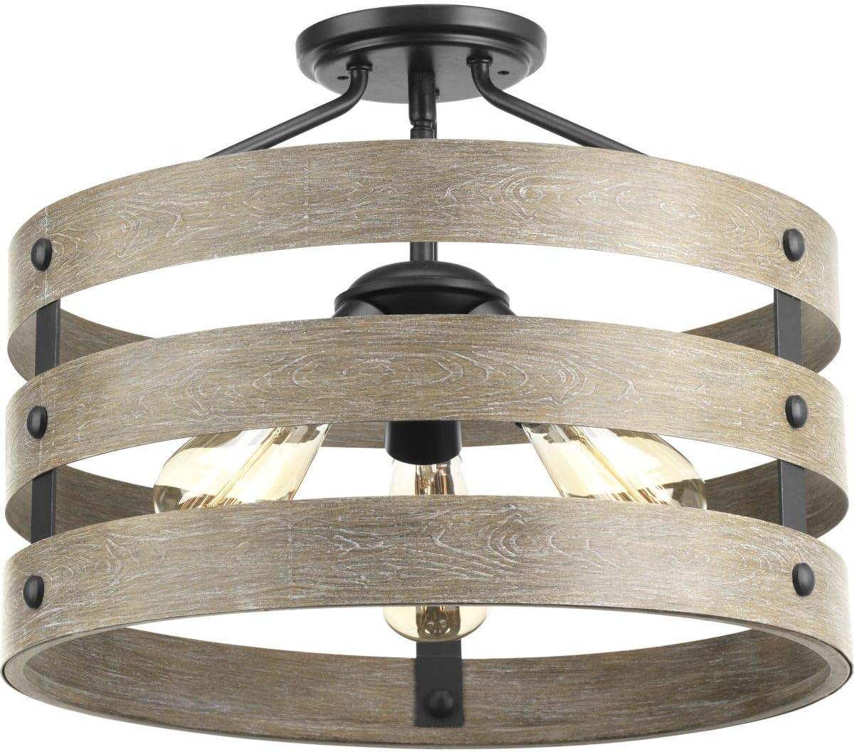 Progress Lighting Gulliver 3-Light Semi-Flush Convertible Ceiling Light, Graphite, Wood Grained Texture