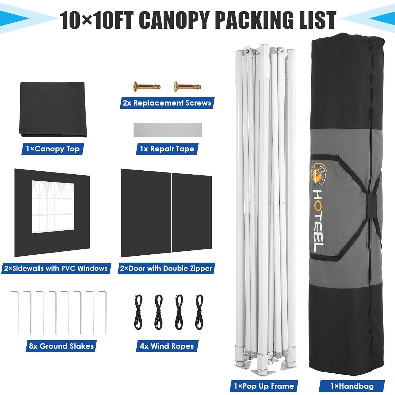 COBIZI 10x10 Heavy Duty Pop Up Canopy Tent with 4 Sidewalls, Commercial Instant Waterproof Shelter, UV 50+ with Silver Coated, Upgraded Thickened Hexagonal Legs,Black