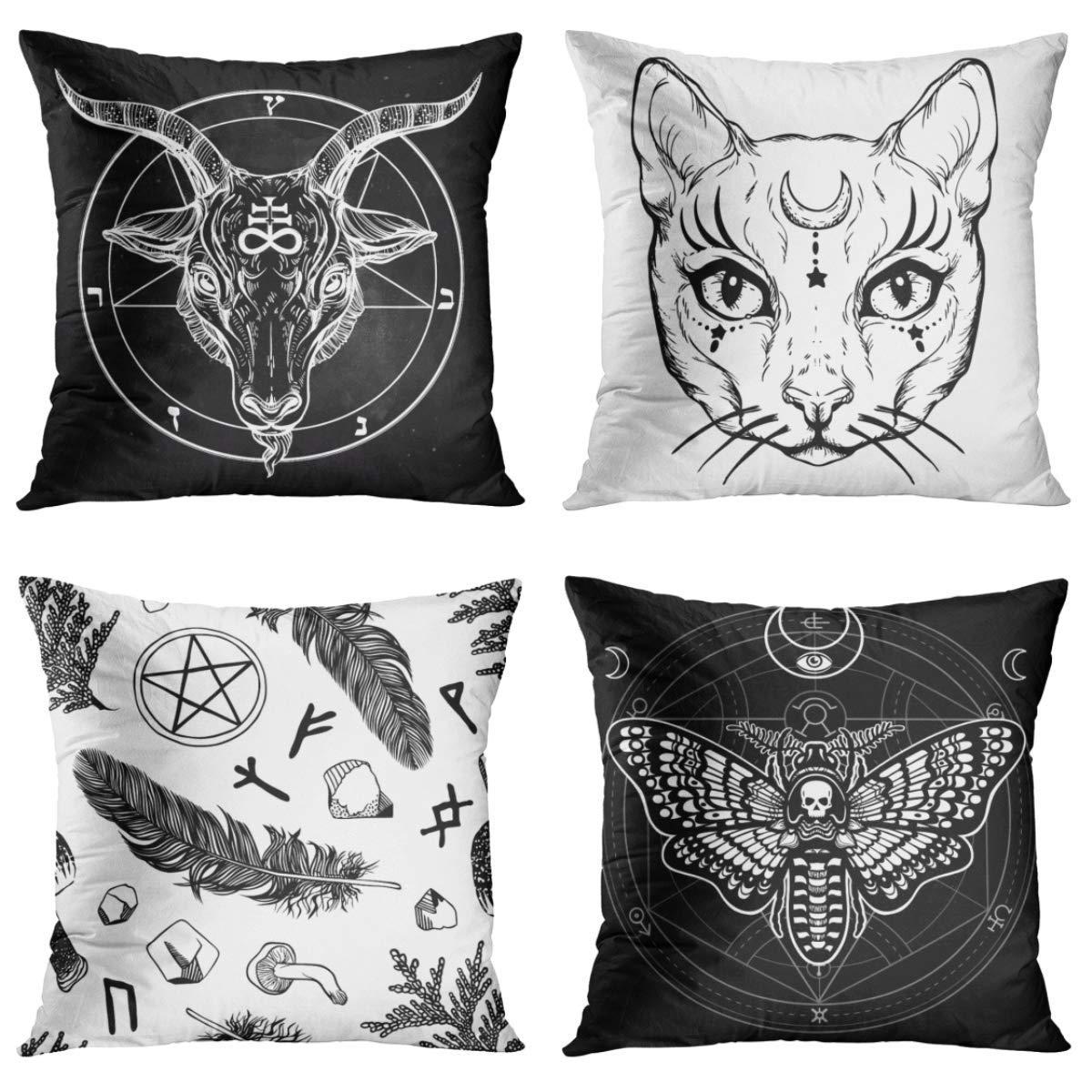 Britimes Throw Pillow Covers 18x18 Inches Home Decor Set of 4 Pillow Cases Decorative for Bed Sofa Cushion Couch Outdoor Capricorn Cat Feather Moth Gothic Pillowcases (Black and White)