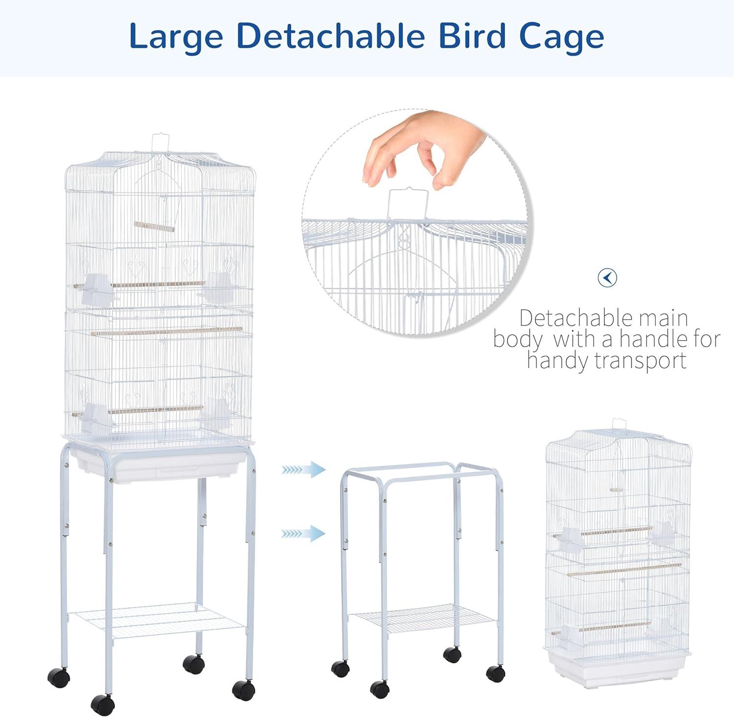 PawHut 60" Metal Indoor Bird Cage Starter Kit With Detachable Rolling Stand, Storage Basket, And Accessories, White