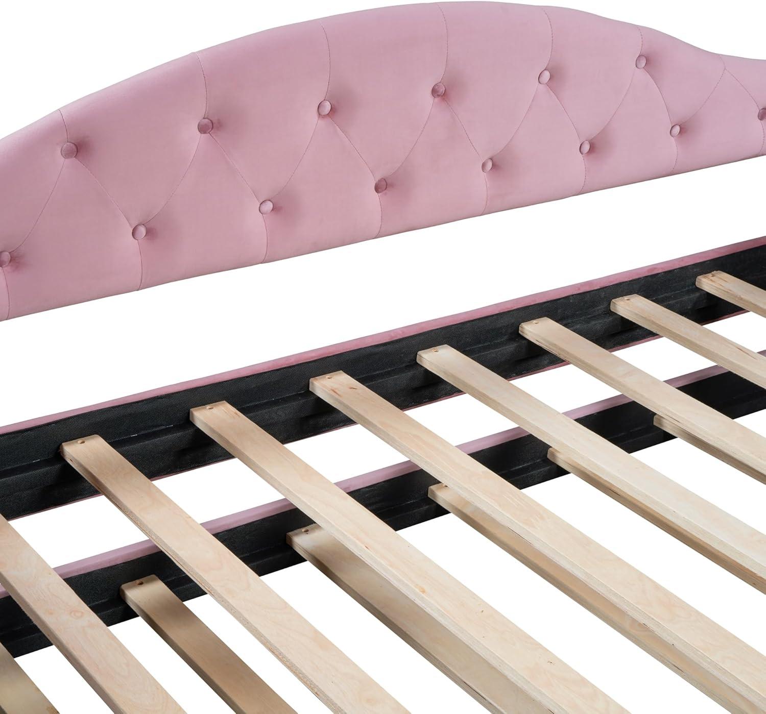 Twin Size Tufted Upholstered Daybed Bed Frame for Boys Girls Kids Adults Toddler with Trundle,Velvet Sofabed with USB&Type-C Charging Ports,No Box-Spring Needed, Pink