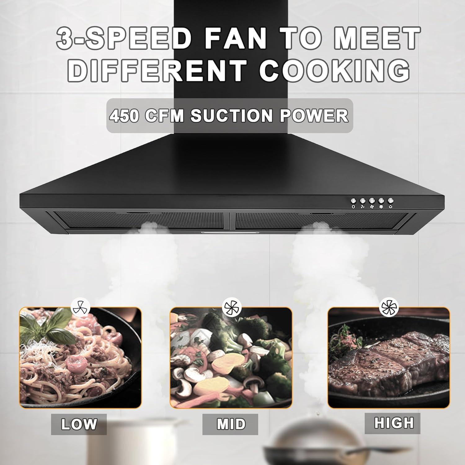 30 Inch Black Range Hood with Charcoal Filters, 450 CFM Stainless Steel Wall Mount Kitchen Hood, Button Control Over Stove Vent Hood with 3 Speed Noiseless Fan, LED Light (450CFM)