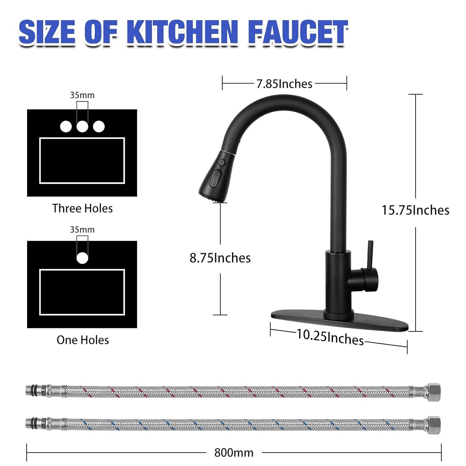 Black Kitchen Sink Faucet, Kitchen Faucet with Pull Down Sprayer, Stainless Steel Single Handle Faucet for Kitchen Sink with Deck Plate, Fitted for RV, Bar, Laundry, Apartments, Farmhouse