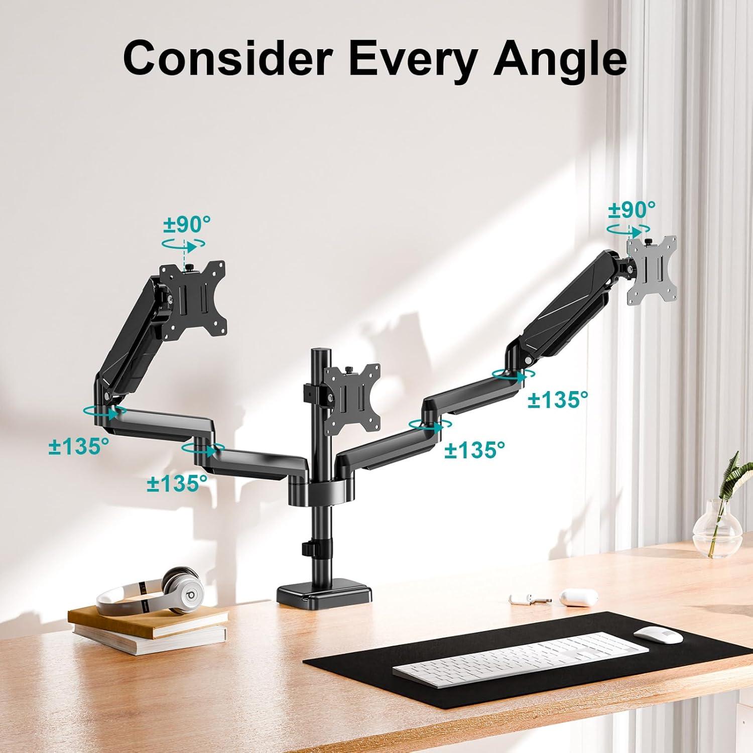 MOUNT PRO Triple Monitor Mount, 3 Monitor Desk Arm fits Three Max 27" LCD Computer Screens, up to 17.6lbs Each, Premium Gas Spring Display Stand with Tilt Swivel Rotation, Vesa Mount 75x75,100x100