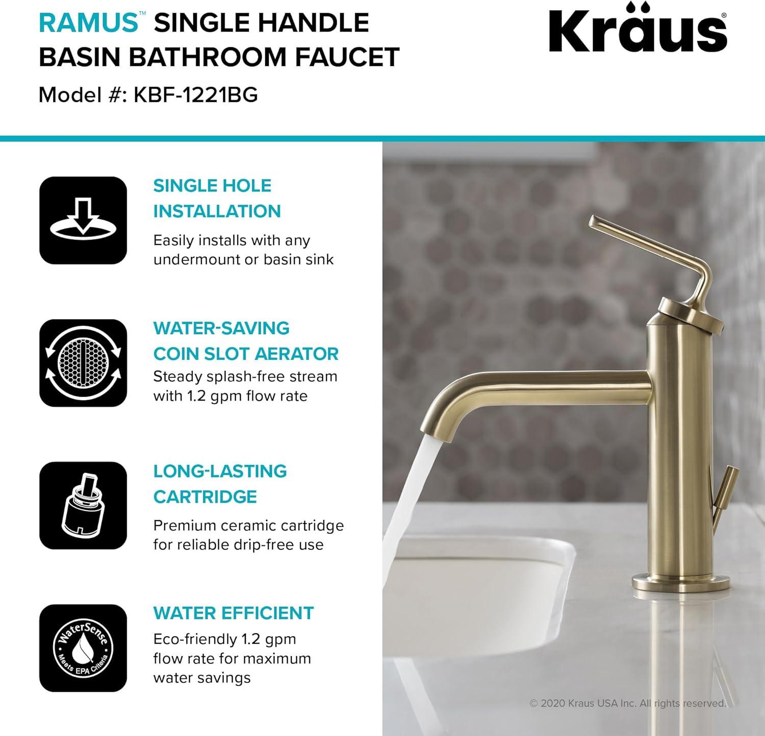 KRAUS Ramus Single Handle Bathroom Sink Faucet with Lift Rod Drain