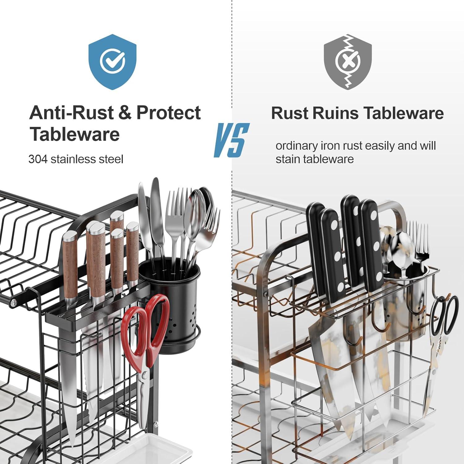2 Tier Dish Drying Rack for Kitchen Counter，Stainless Steel Large Capacity Dish Rack with Detachable Dish Drainer Organizer，Utensil Holder and Drain Board