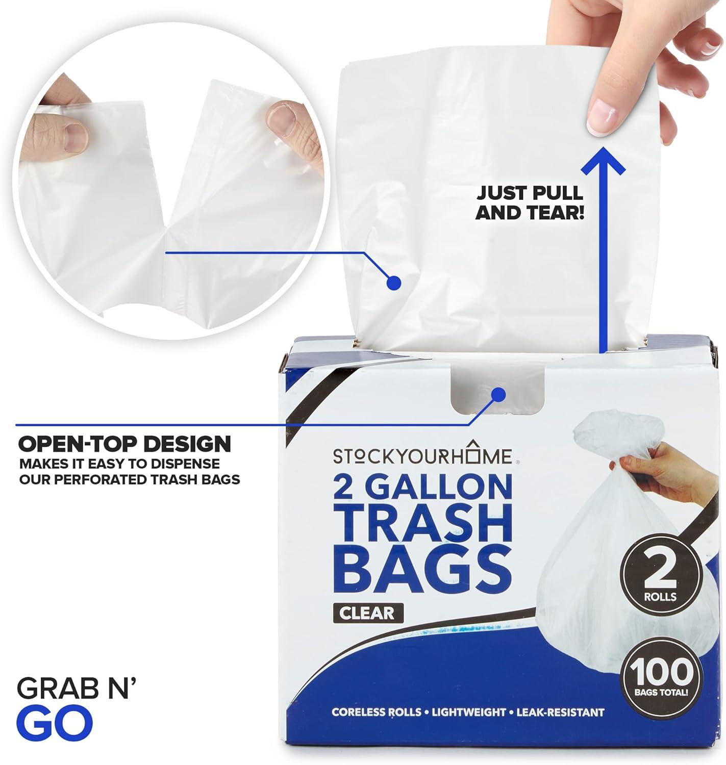 Stock Your Home Clear 2 Gallon Trash Bag (100 Pack) Un-Scented Small Garbage Bags for Bathroom Can, Mini Waste Basket Liner, Plastic Liners for Office Trashcan and Dog Poop, Bulk Household Supplies