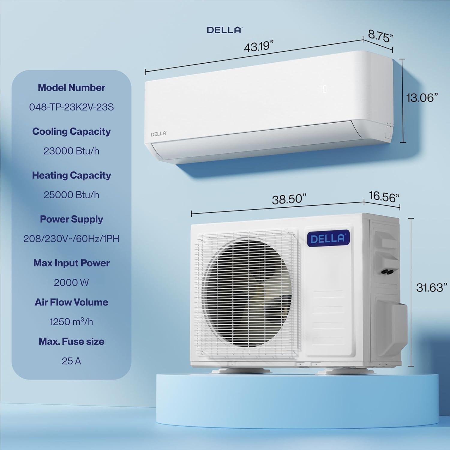 DELLA Optima Series 24,000 BTU Wifi Mini Split, Work with Alexa, Energy Star 208/230V 20 SEER2 Cools Up to 1500 Sq.Ft Inverter Air Conditioner w/2 Ton Pre-Charged Heat Pump & 16.4ft Installation Kits
